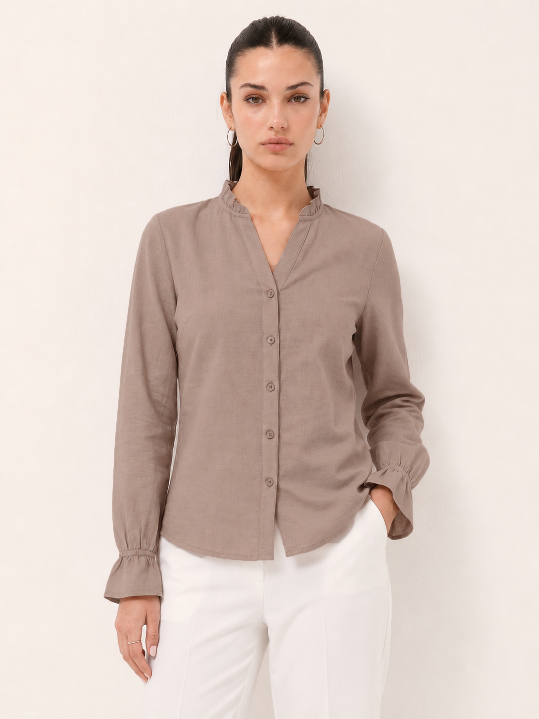 Ruffle Collar Shirt - Taupe