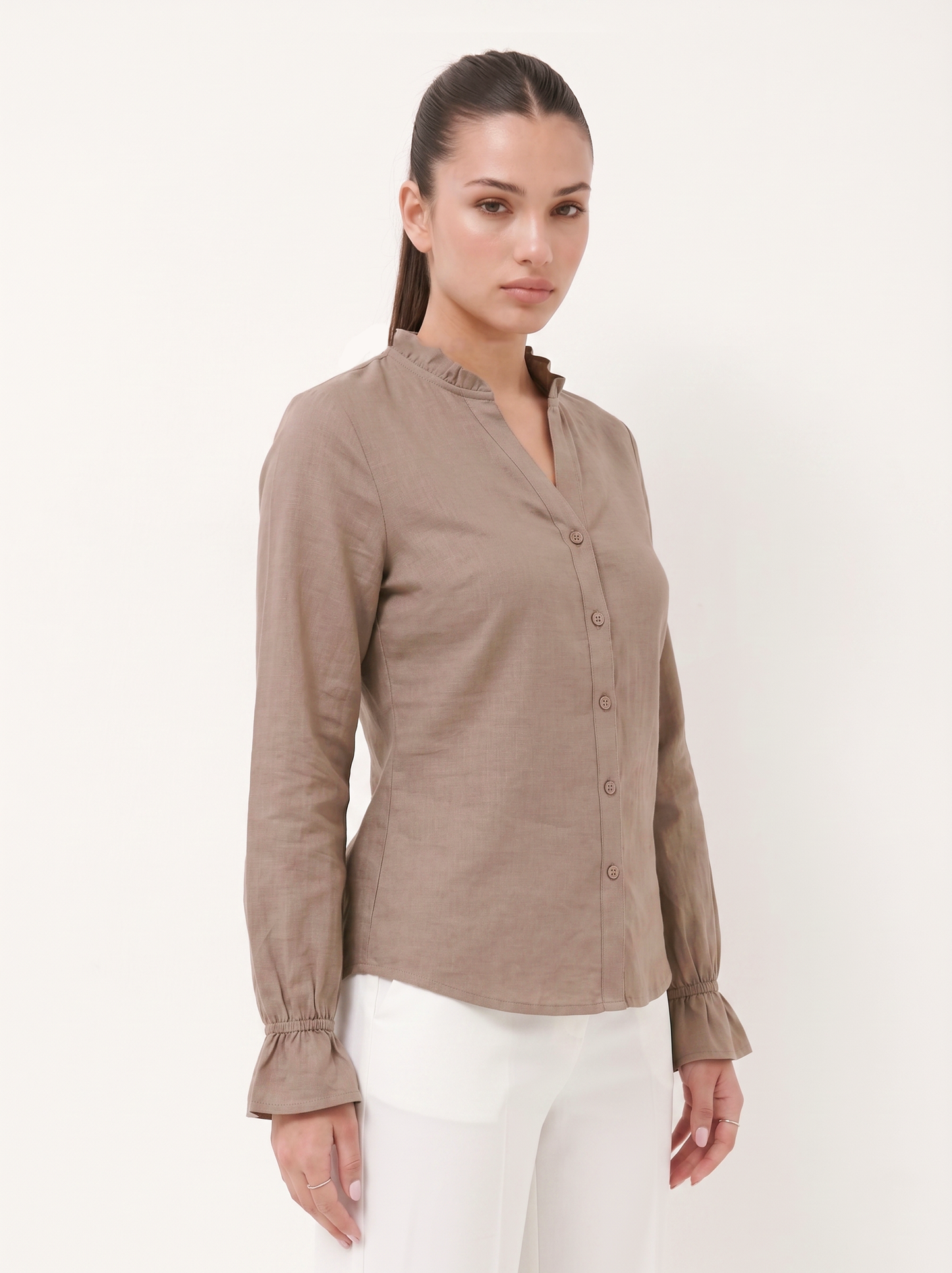 Ruffle Collar Shirt - Taupe