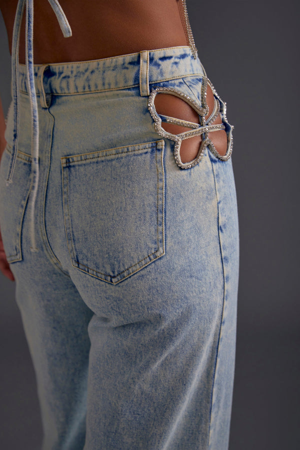 Rhinestone Embellished Cutout Jeans
