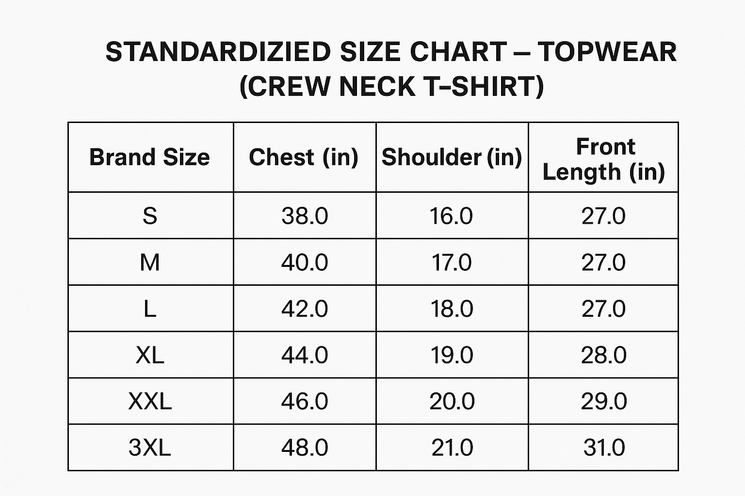 Size Chart for Crew Neck Tshirt | Anti Stain Anti Odor Water Repellent-SEABLUE