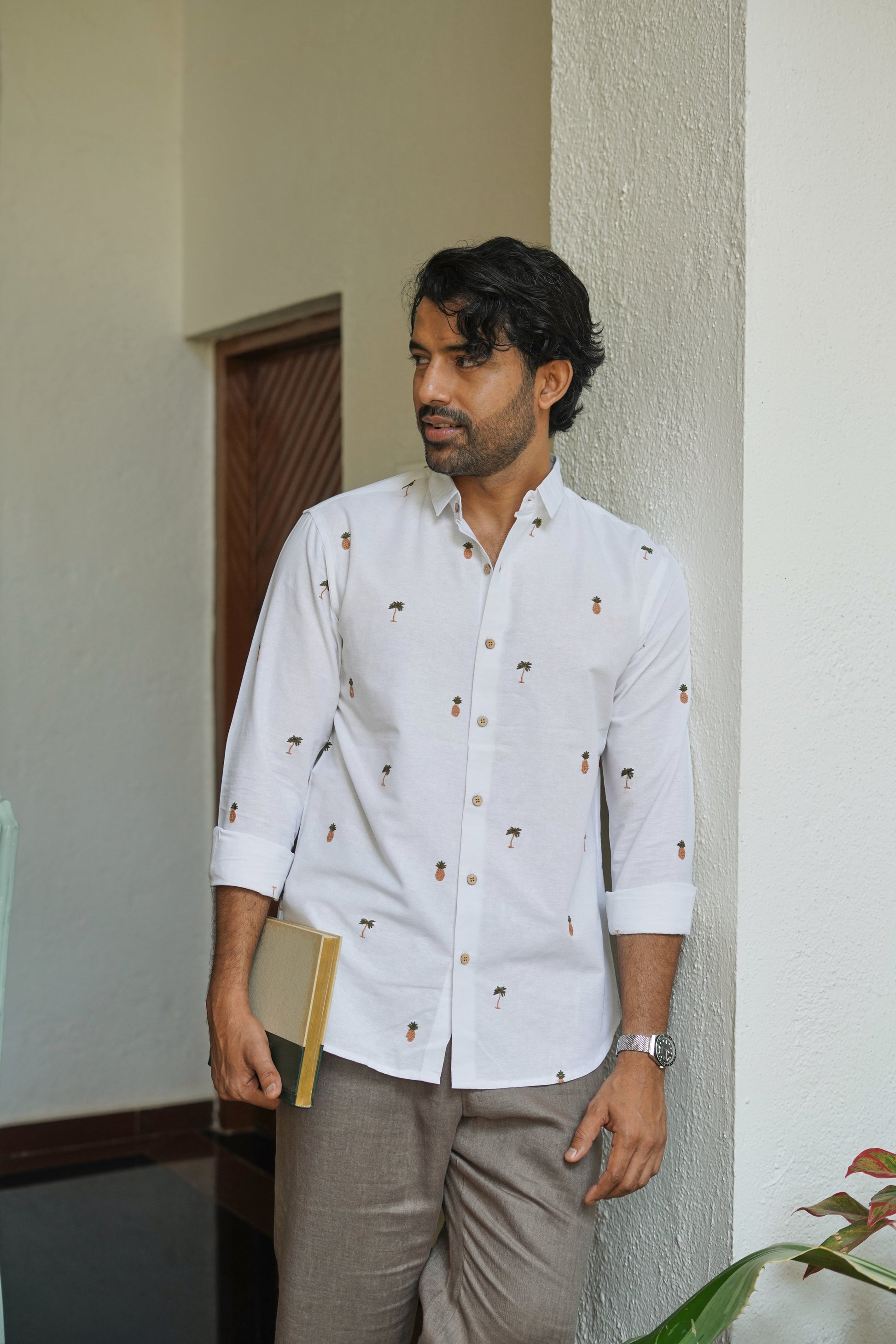 Tropic Grove Cotton Regular Fit White Embroidered Shirt | Hamptons at Broadway