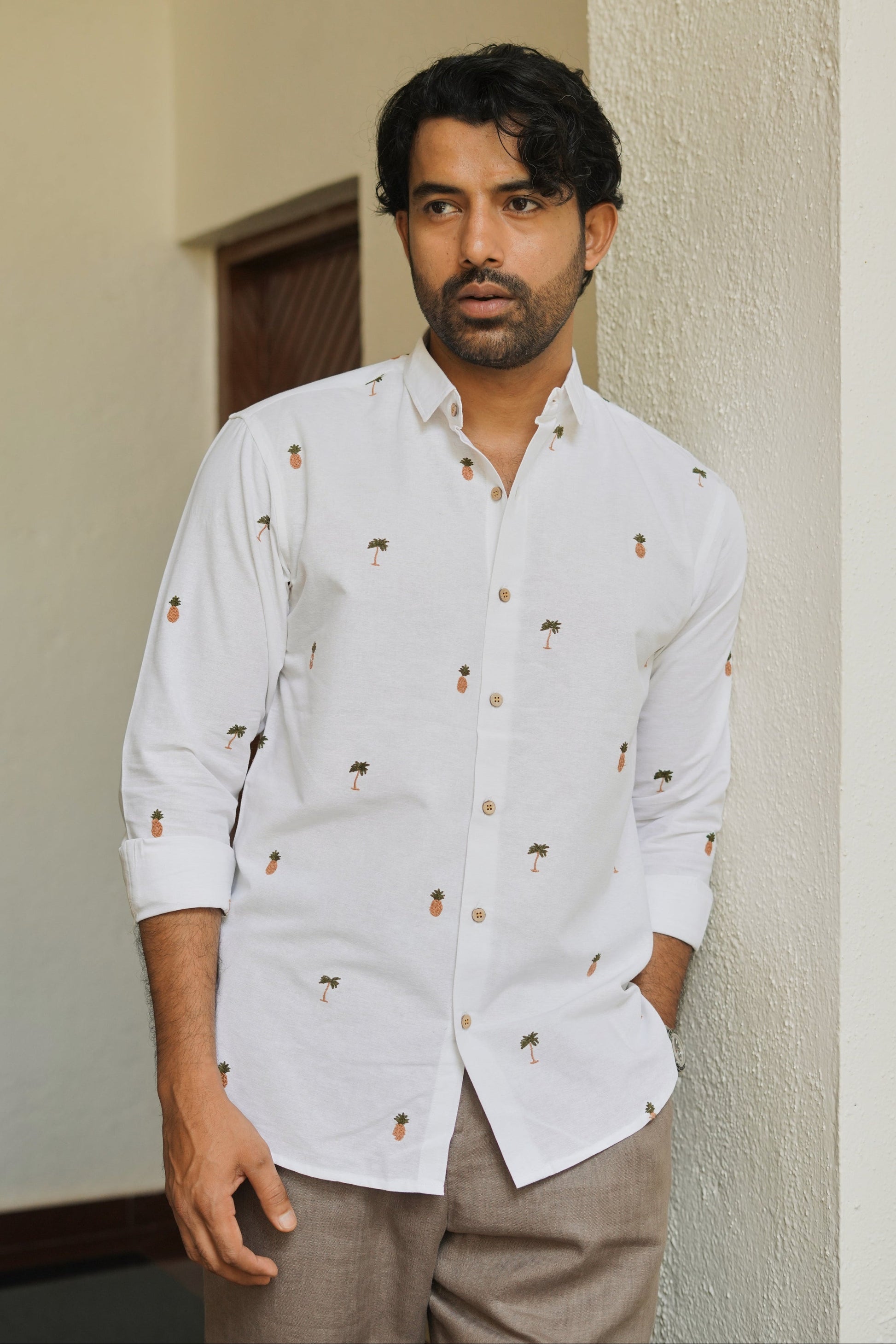 Tropic Grove Cotton Regular Fit White Embroidered Shirt | Hamptons at Broadway