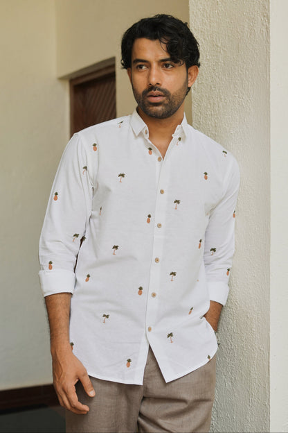 Tropic Grove Cotton Regular Fit White Embroidered Shirt | Hamptons at Broadway