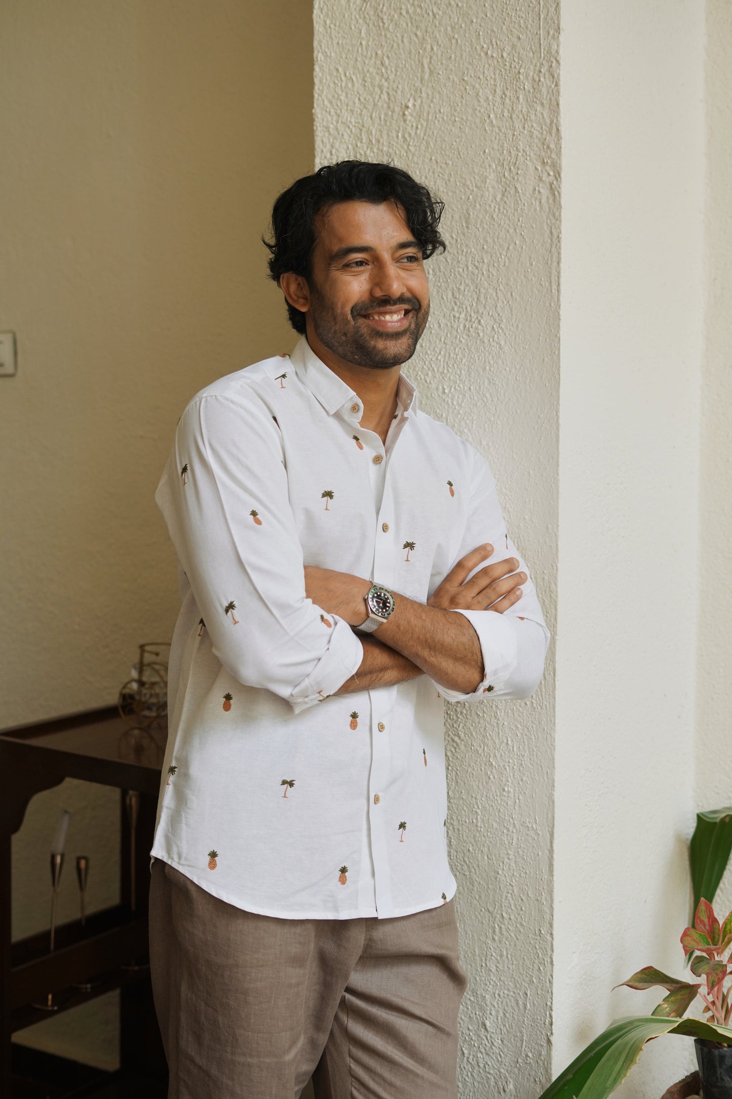 Tropic Grove Cotton Regular Fit White Embroidered Shirt | Hamptons at Broadway