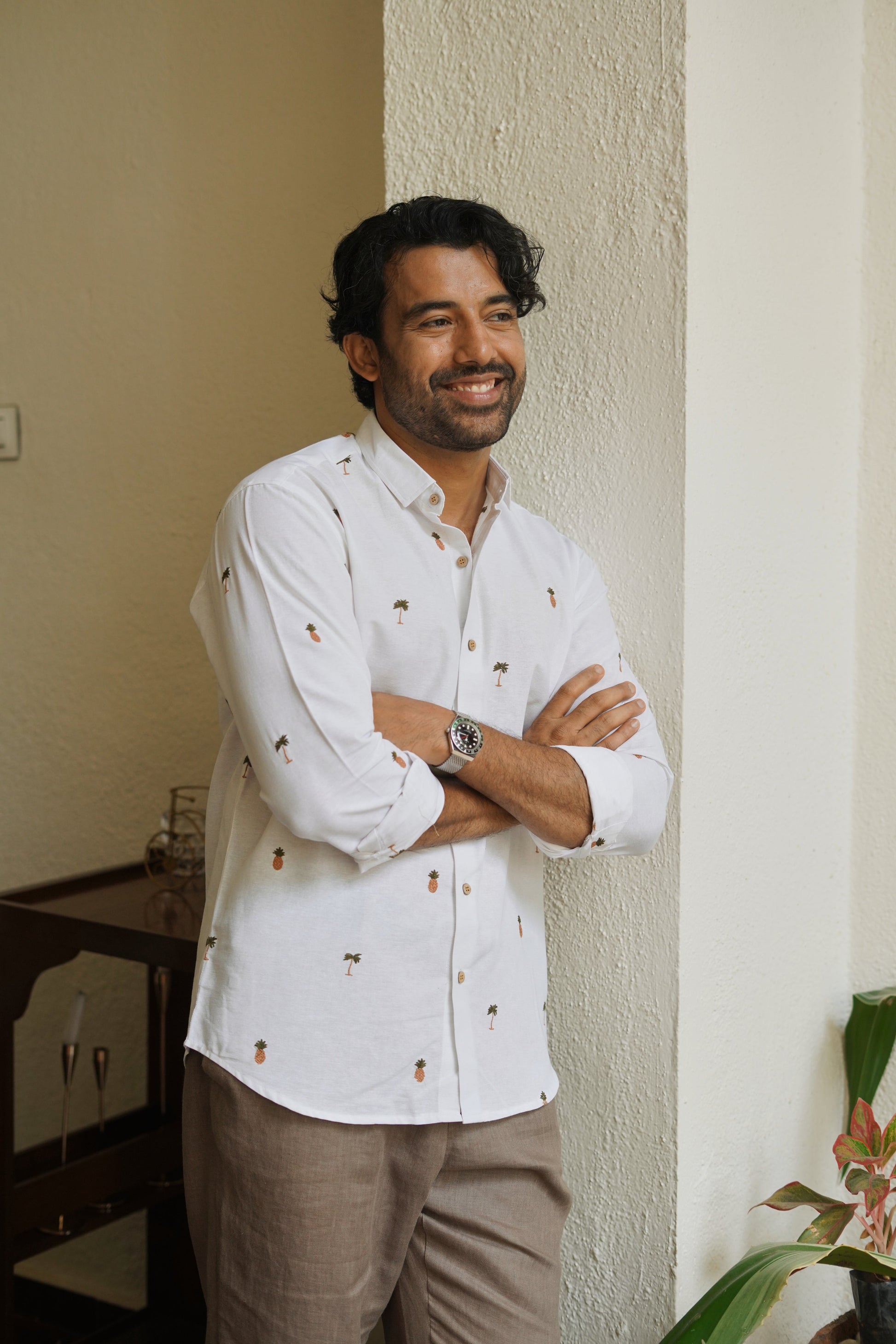 Tropic Grove Cotton Regular Fit White Embroidered Shirt | Hamptons at Broadway