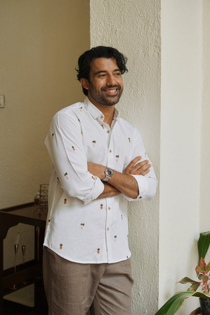 Tropic Grove Cotton Regular Fit White Embroidered Shirt | Hamptons at Broadway