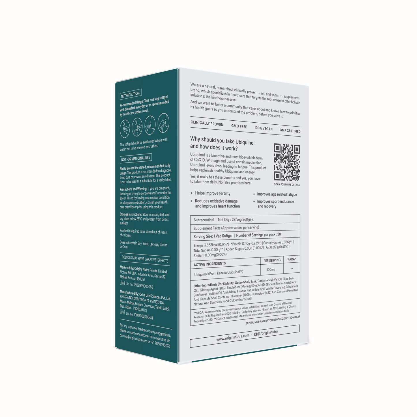 Origins Nutra Ubiquinol (100mg) | Boost Energy, Supports Heart & Healthy Ageing, Enhance Antioxidant Protection | Ubiquinol | GMP Certified | For Men & Women | 28 Soft Gels