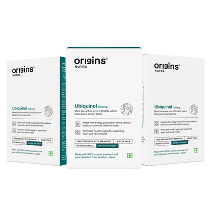 Origins Nutra Ubiquinol (100mg) | Boost Energy, Supports Heart & Healthy Ageing, Enhance Antioxidant Protection | Ubiquinol | GMP Certified | For Men & Women | 28 Soft Gels