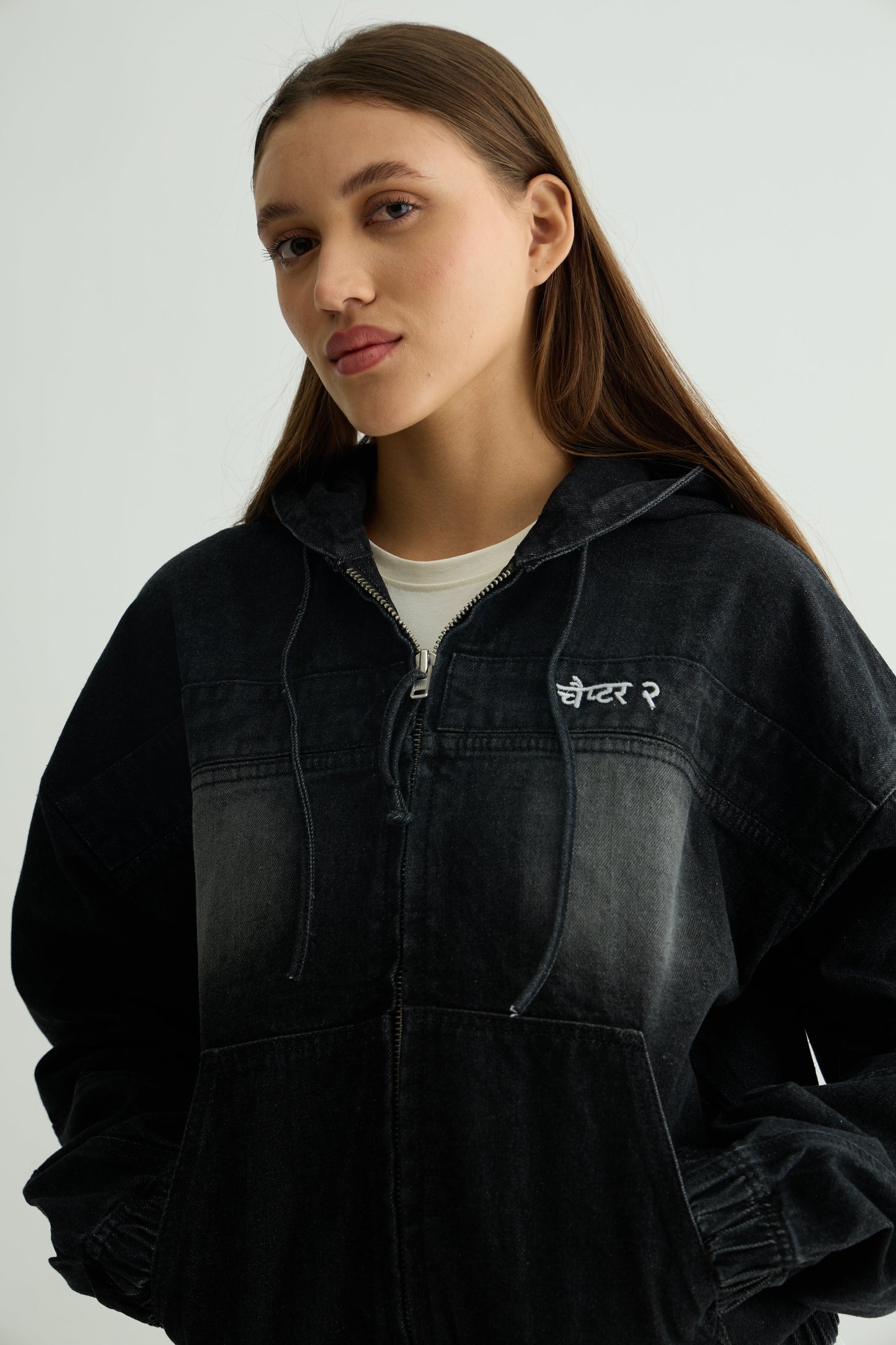 Black washed Denim Hoodie