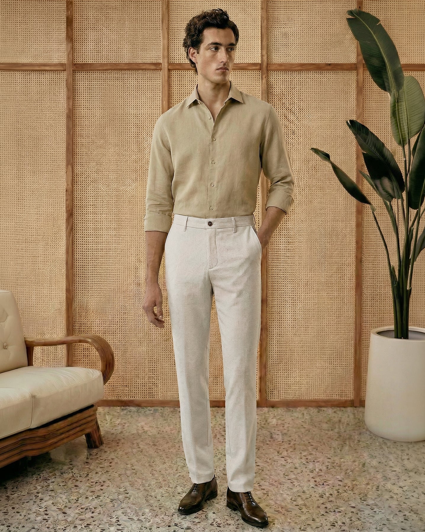 The Texture Tailored Pant Crème Grid