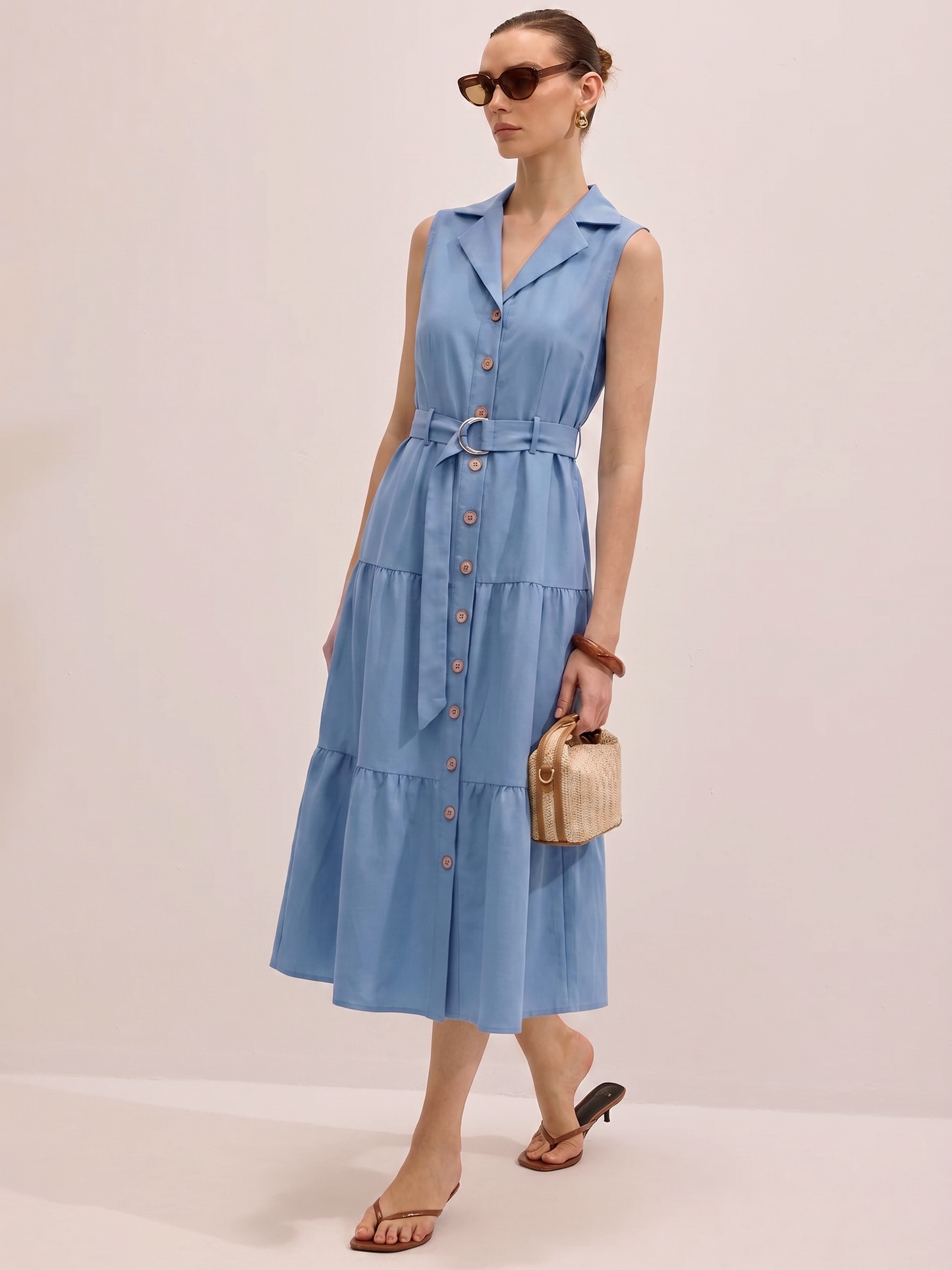Tiered Shirt Dress - Sky Blue