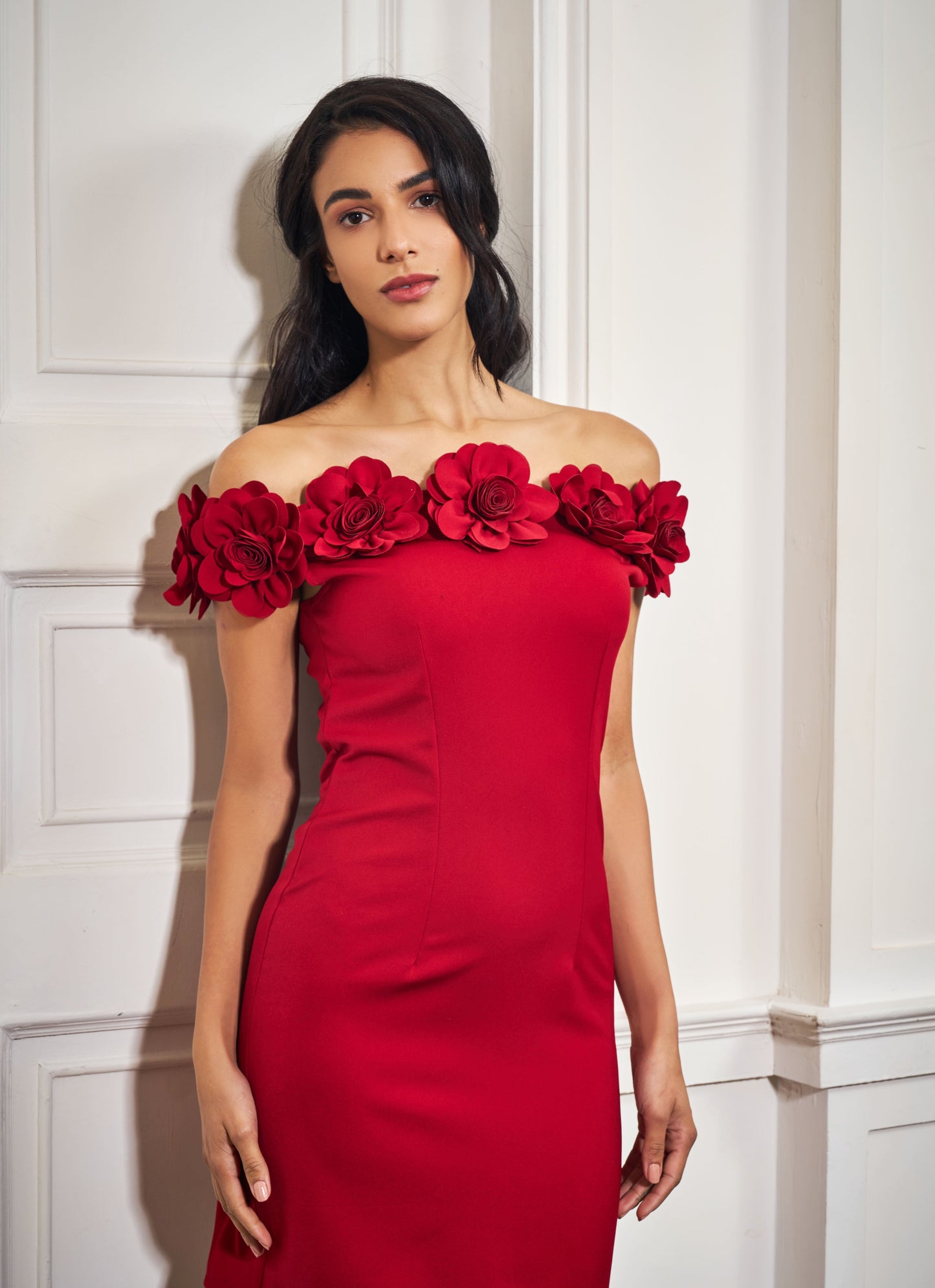 Red Rosette Off-Shoulder