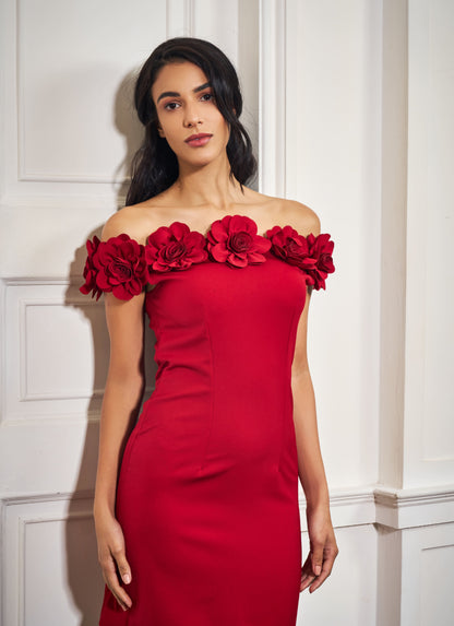 Red Rosette Off-Shoulder