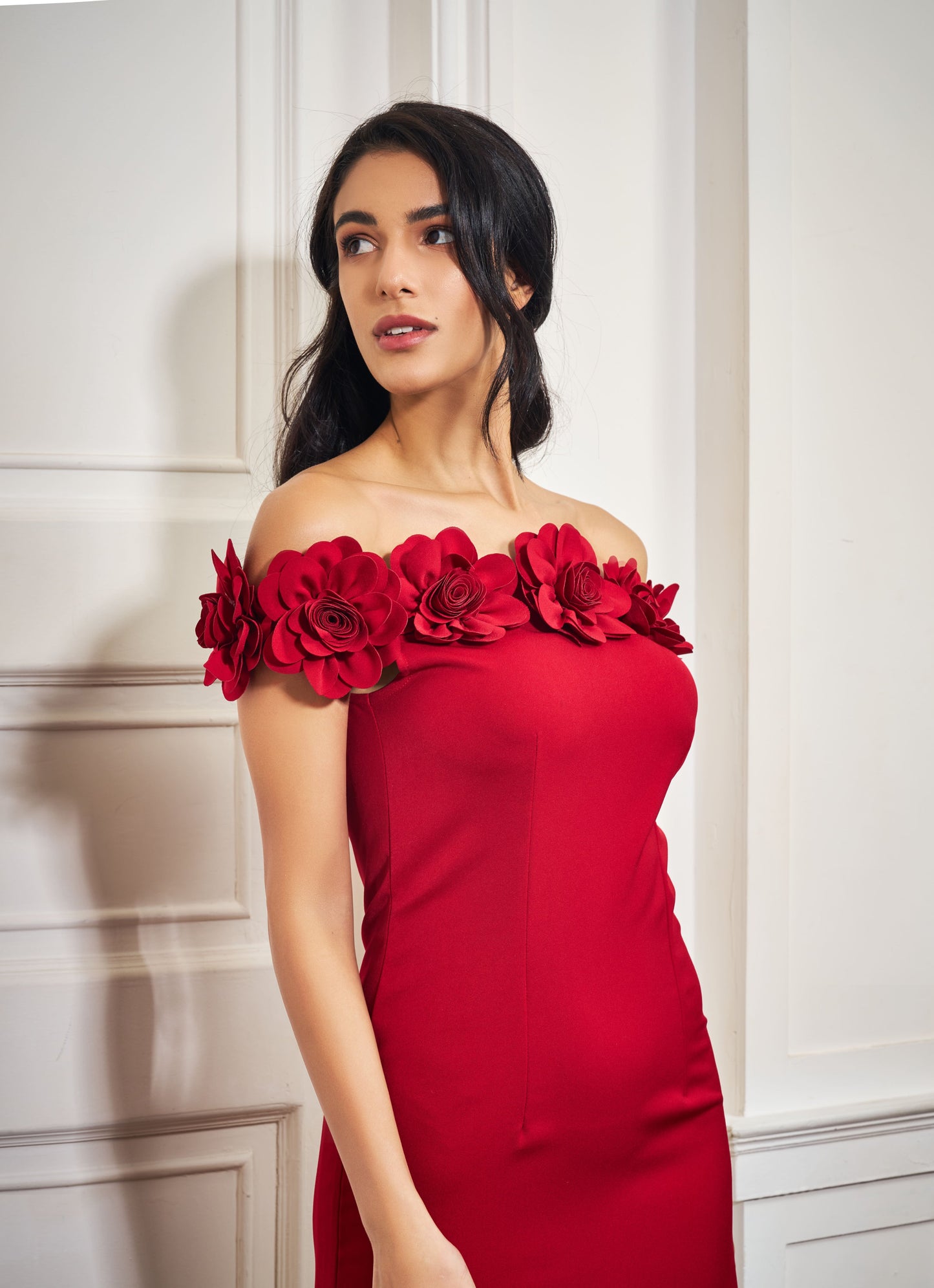 Red Rosette Off-Shoulder