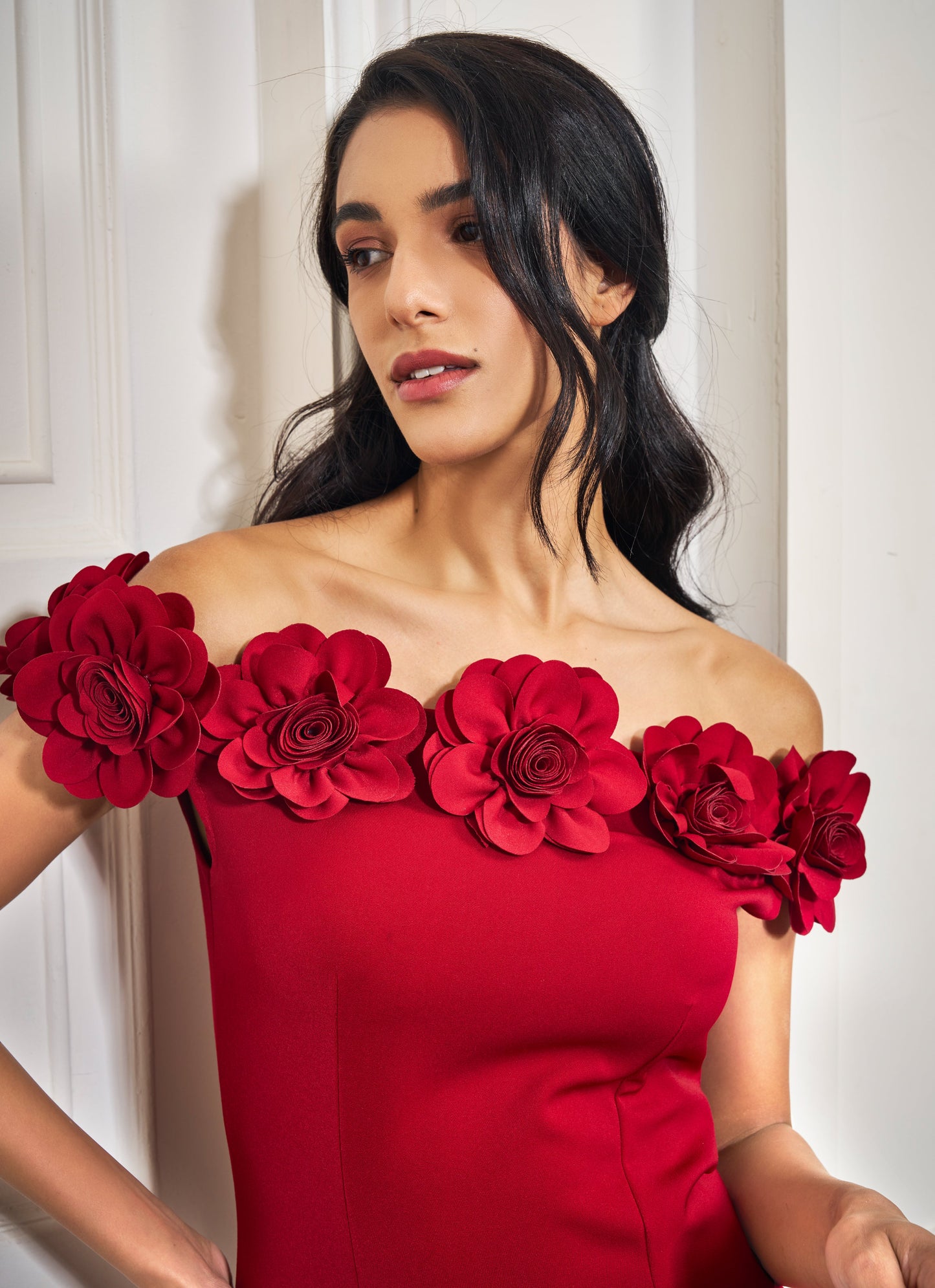 Red Rosette Off-Shoulder