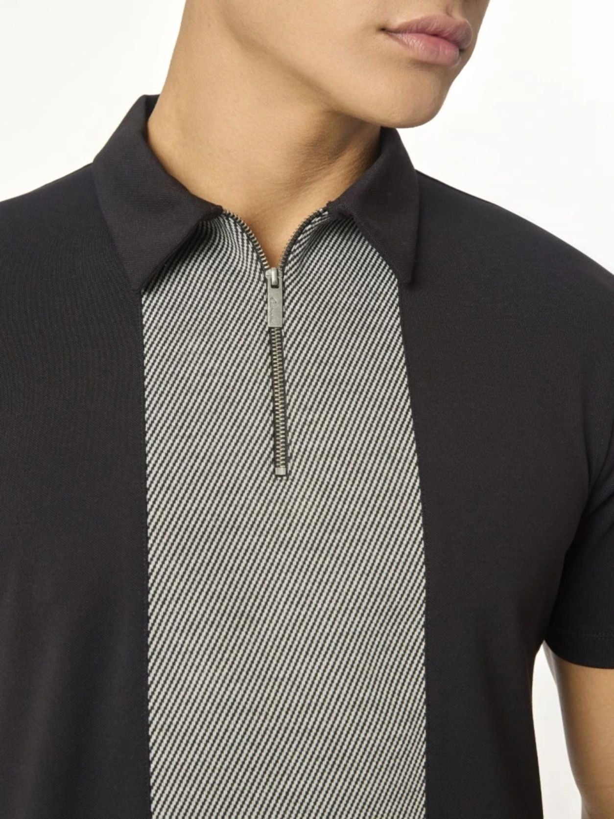 Black Zipper Polo For Men â€“ Twill Panel Edition