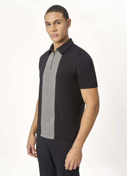 Black Zipper Polo For Men â€“ Twill Panel Edition