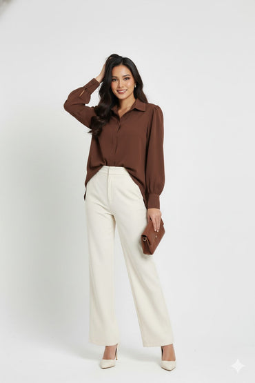 Brown Long Sleeve Shirt with Back Bow Tie Detail