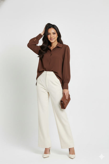 Brown Long Sleeve Shirt with Back Bow Tie Detail