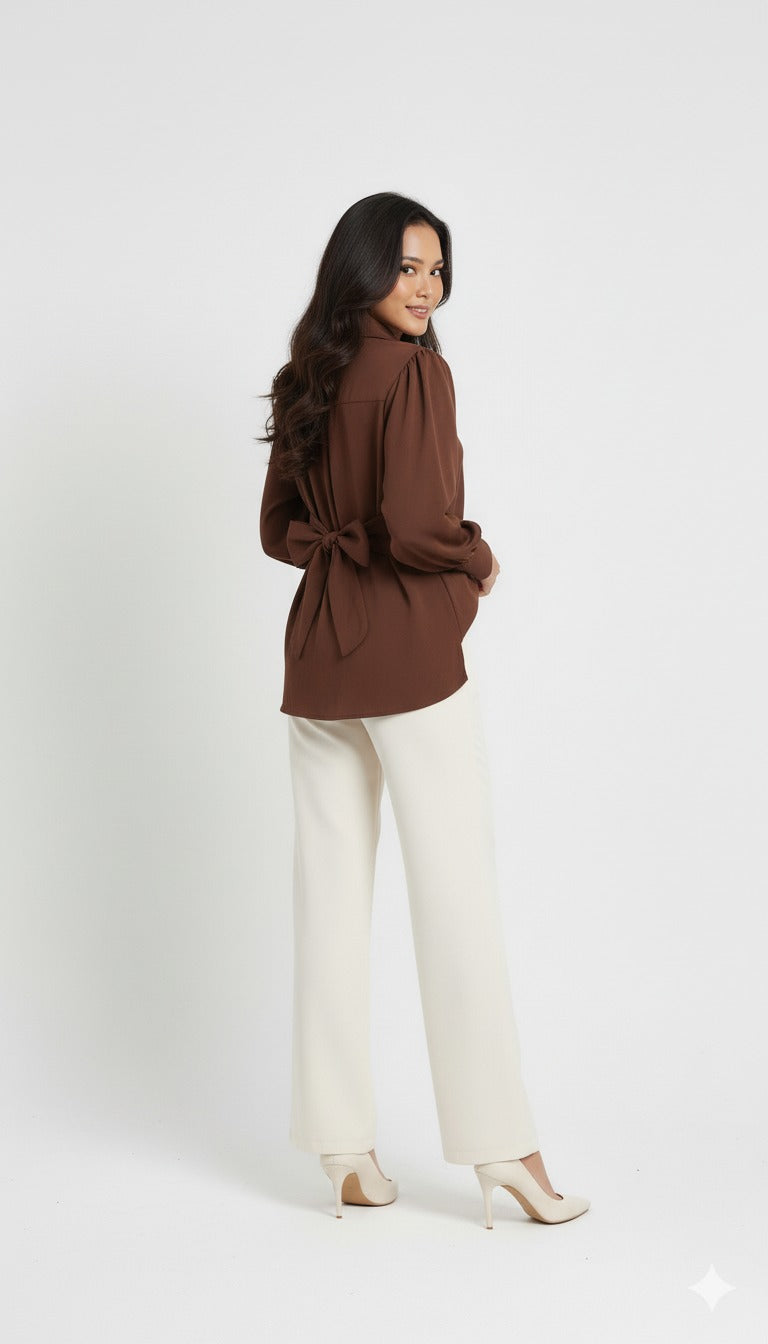 Brown Long Sleeve Shirt with Back Bow Tie Detail