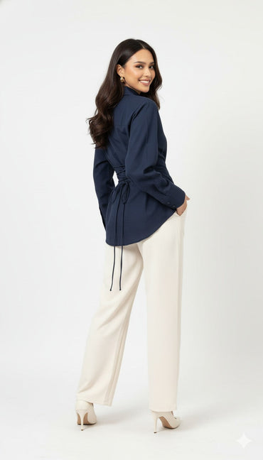 Navy Long Sleeve Shirt with Lace-Up Back