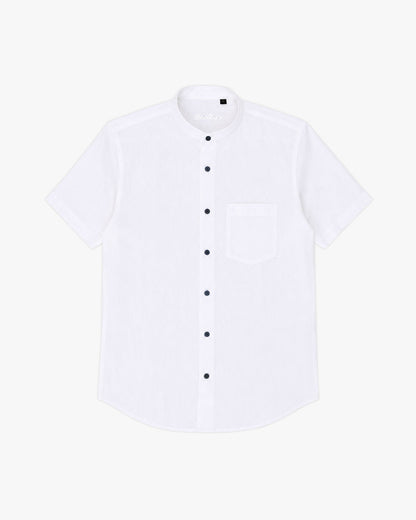 Bare Brown Mandarin Collar Cotton Linen Shirt, Slim Fit with Half Sleeves - White