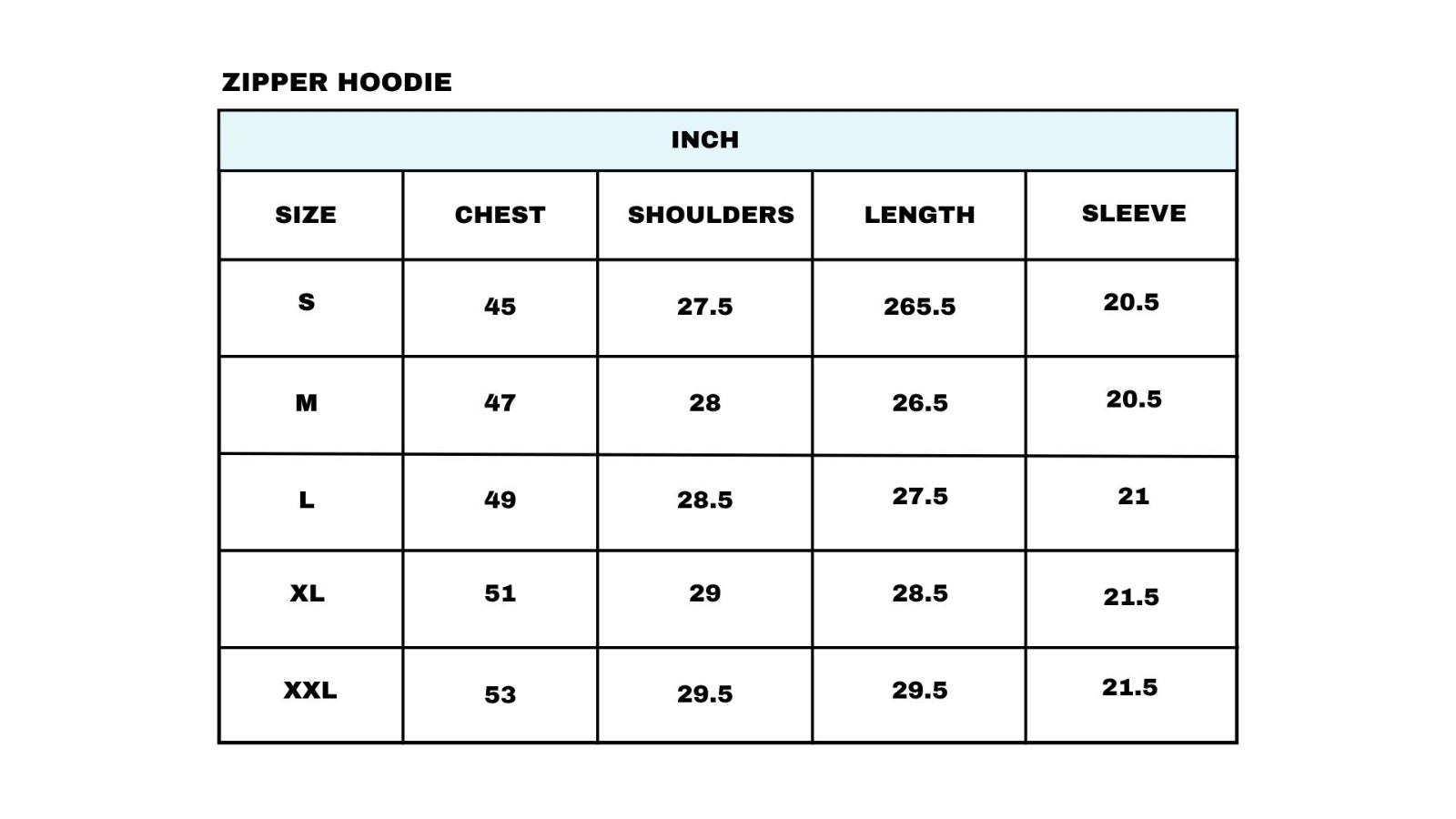 Size Chart for Pastel Blue Everyday Zipper Hoodie
