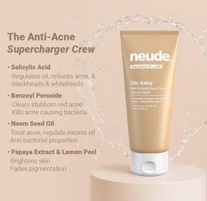 Zits Away Acne Control Gel Face Wash with 2% Salicylic Acid, Neem & Benzoyl Peroxide (Neude Skin) - Neude Skin