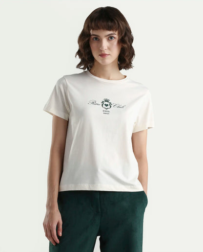 Rareism Women's Zorn Off White Cotton Blend Half Sleeve Regular Fit Plain T-Shirt