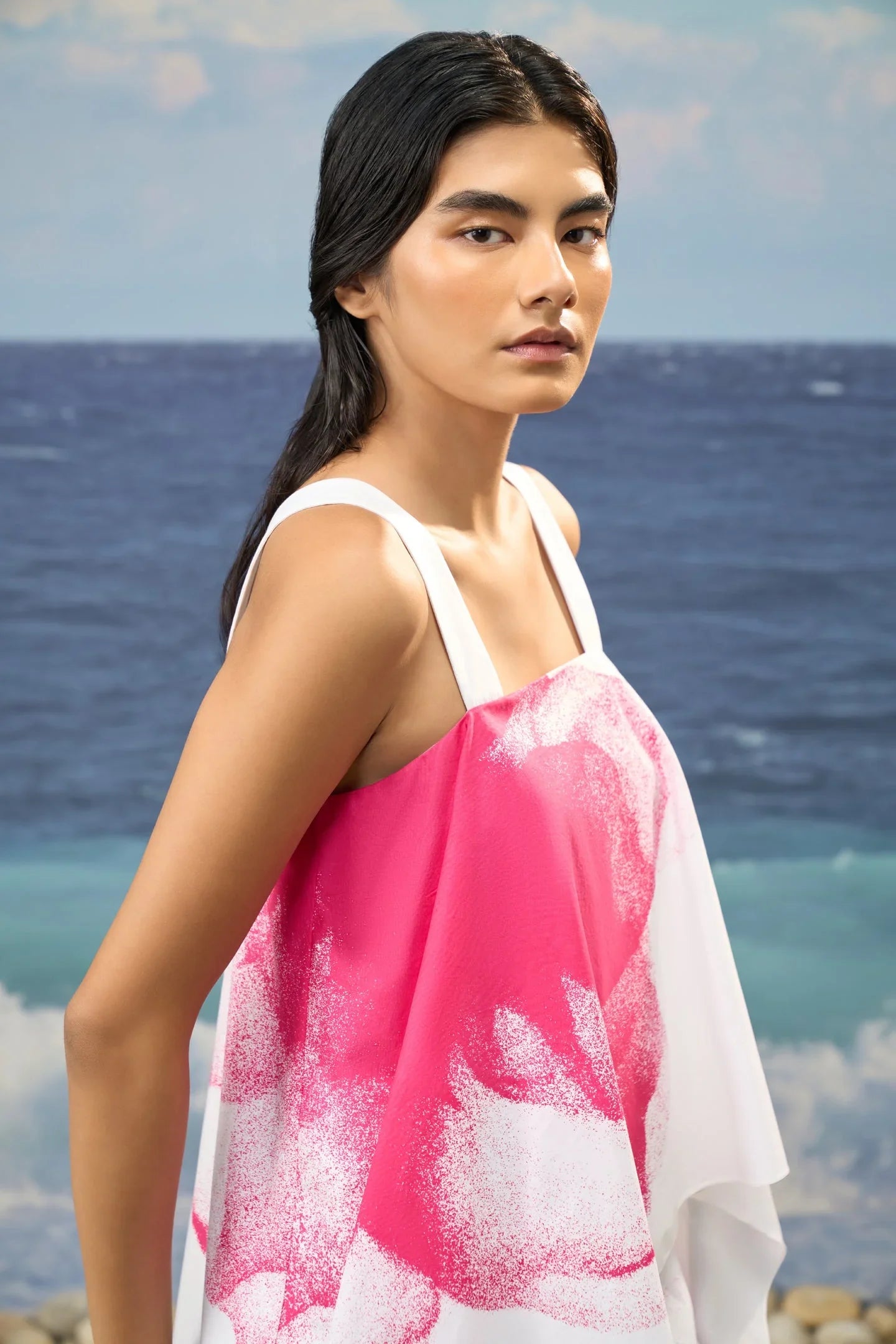 Abstract Floral Cotton Poplin Dress – White & Pink