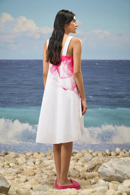 Abstract Floral Cotton Poplin Dress – White & Pink
