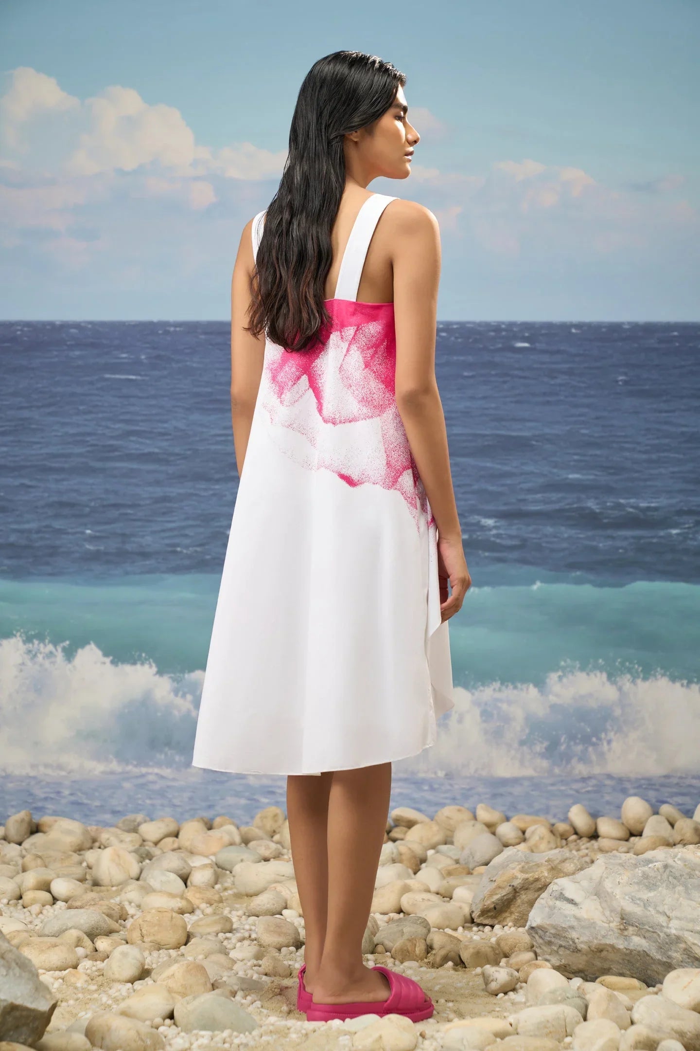 Abstract Floral Cotton Poplin Dress – White & Pink