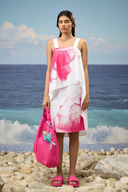 Abstract Floral Cotton Poplin Dress – White & Pink