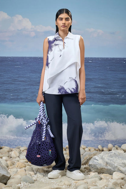 Abstract Graphic Cotton Poplin Top – White & Navy