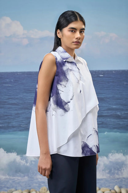 Abstract Graphic Cotton Poplin Top – White & Navy