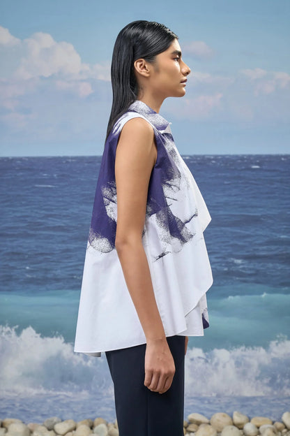 Abstract Graphic Cotton Poplin Top – White & Navy