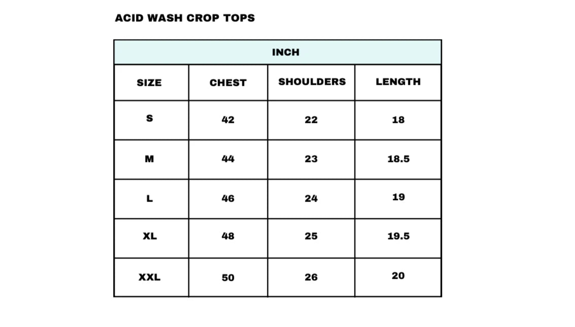 Size Chart for Black Acid Wash Crop