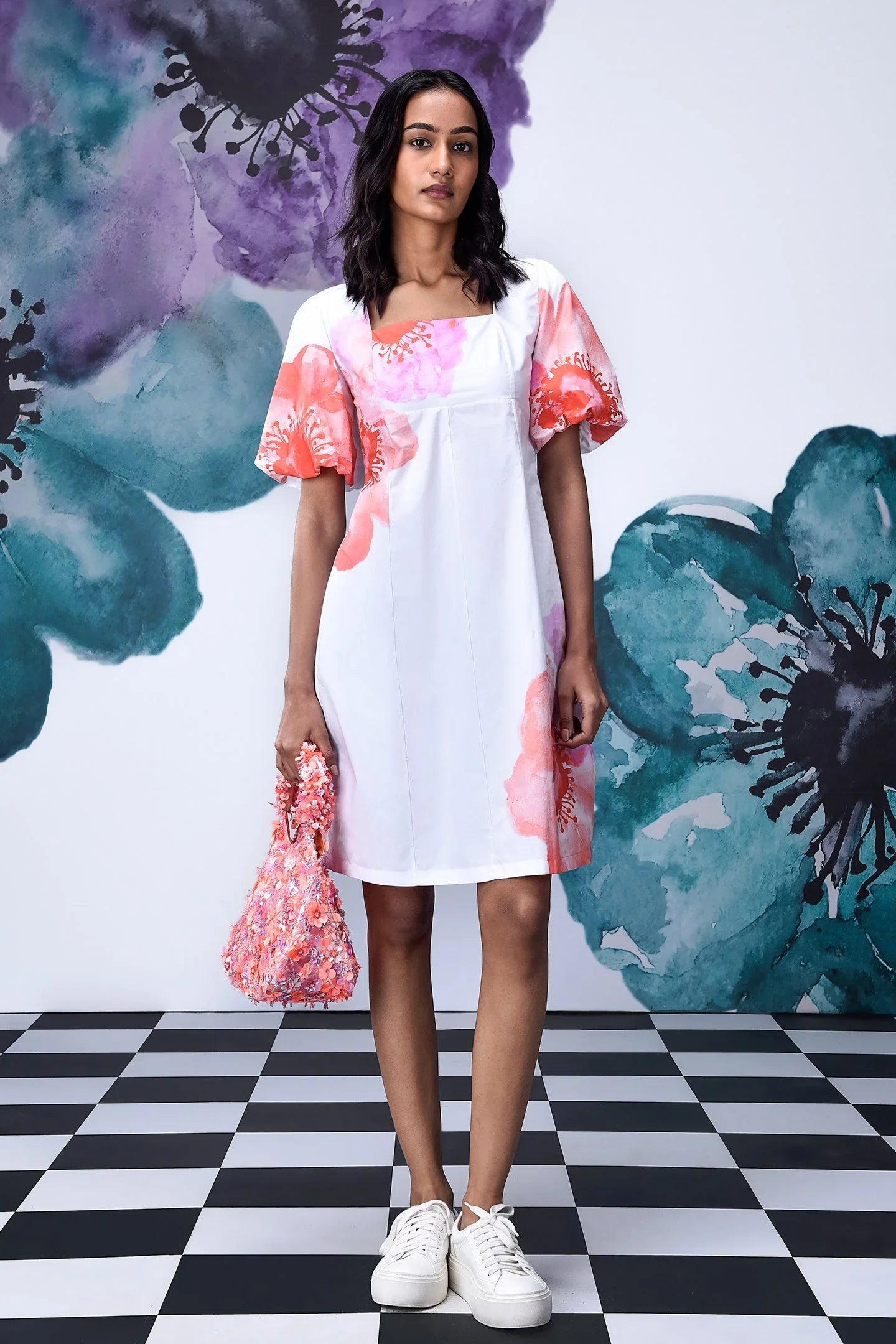 Anemone Flower Regular Fit Dress- White Coral