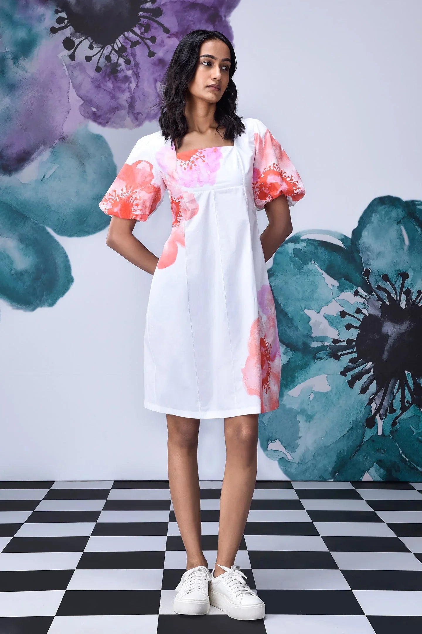 Anemone Flower Regular Fit Dress- White Coral