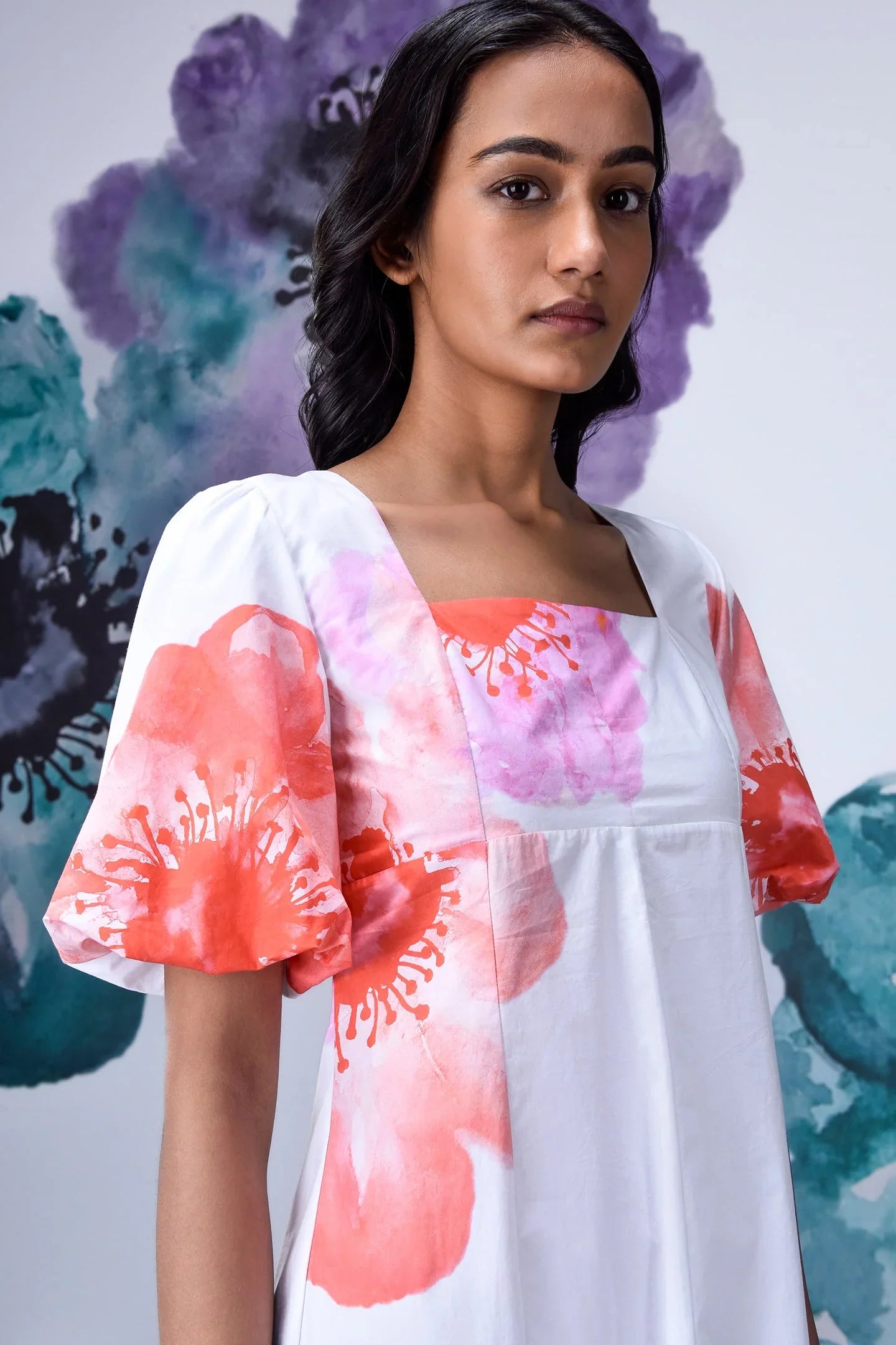 Anemone Flower Regular Fit Dress- White Coral