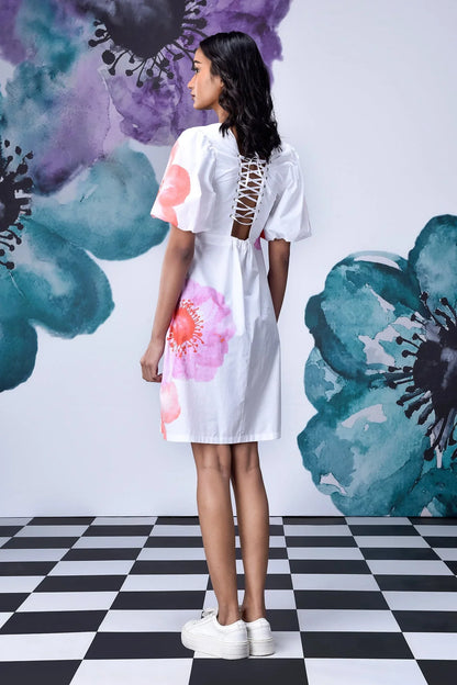Anemone Flower Regular Fit Dress- White Coral
