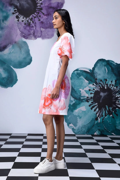 Anemone Flower Regular Fit Dress- White Coral