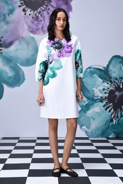 Anemone Flower Regular Fit Dress- White Green