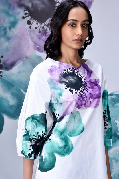Anemone Flower Regular Fit Dress- White Green