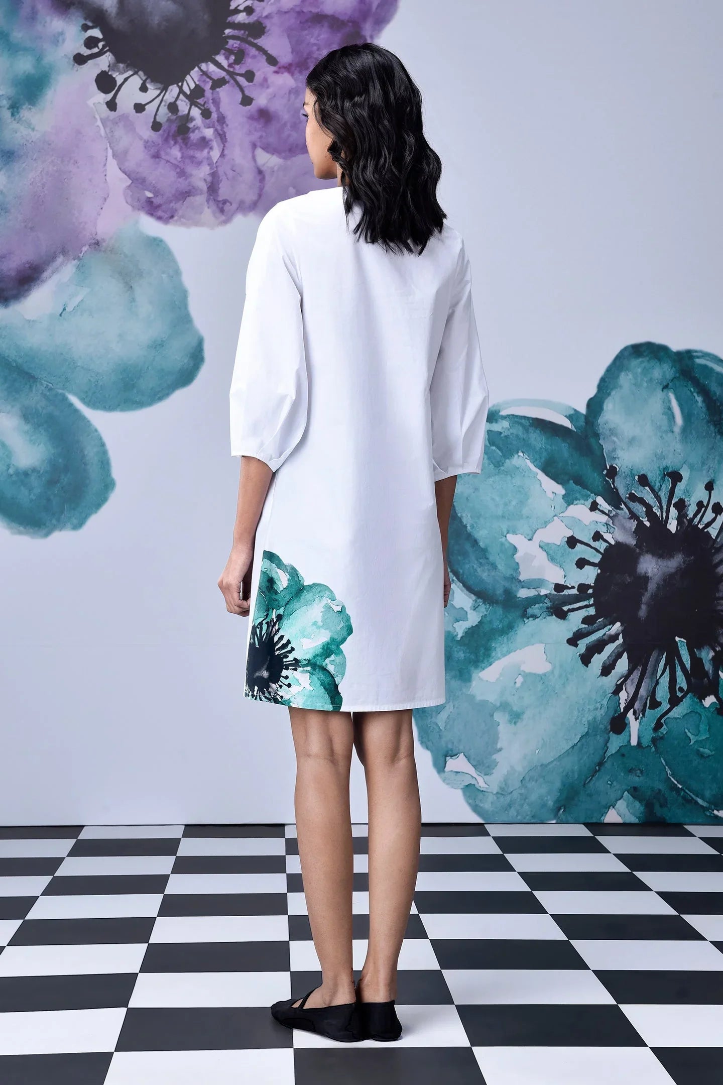 Anemone Flower Regular Fit Dress- White Green