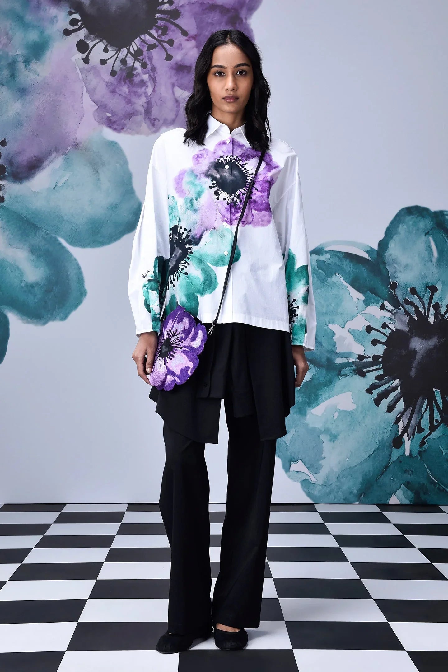 Anemone Flower Relaxed Fit Shirt- White Green