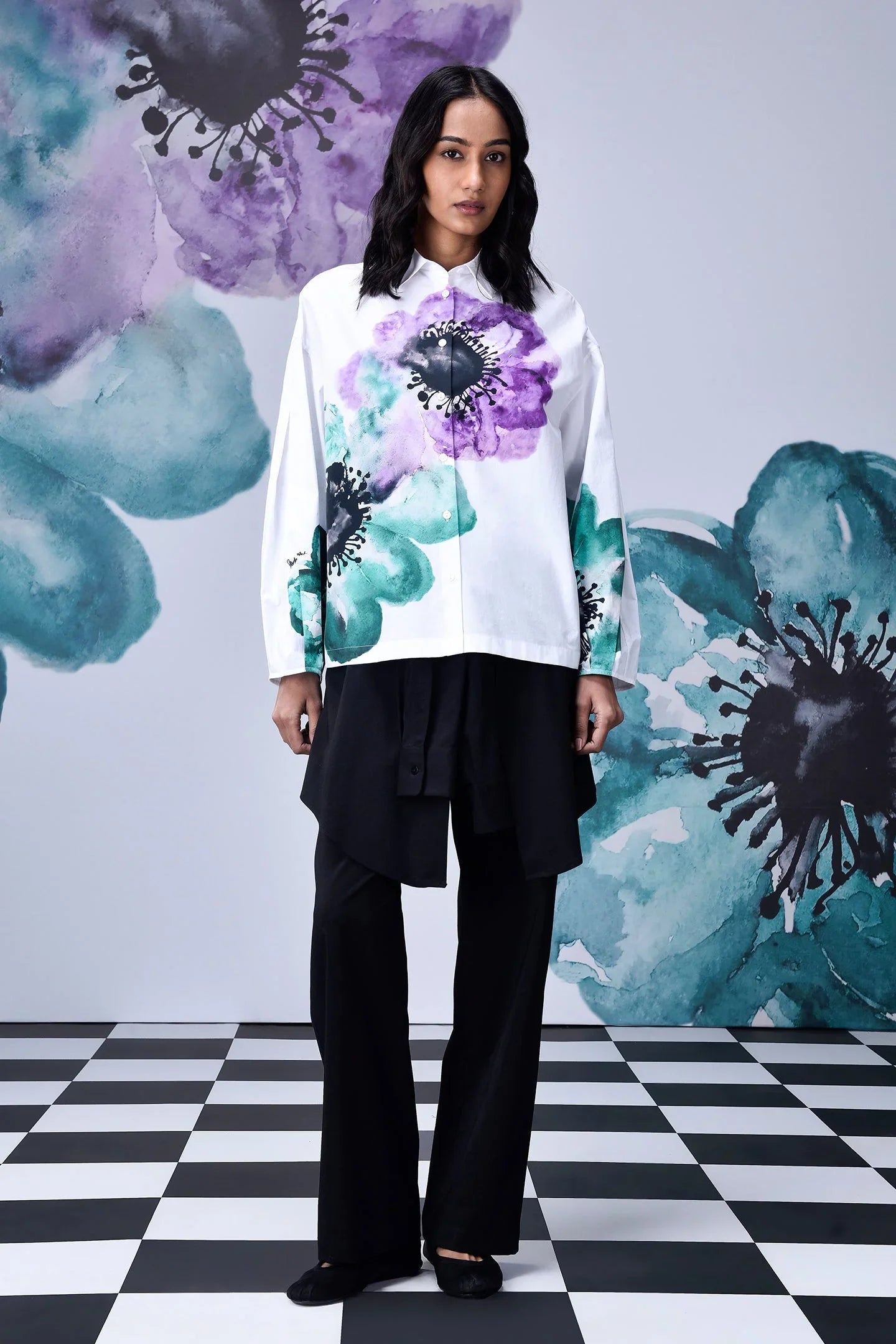 Anemone Flower Relaxed Fit Shirt- White Green