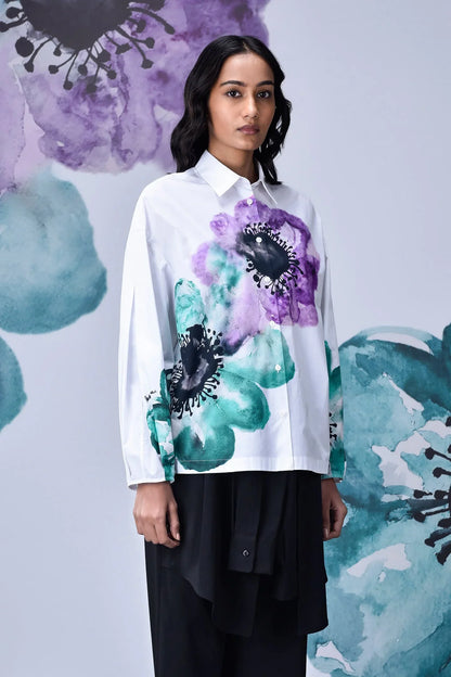 Anemone Flower Relaxed Fit Shirt- White Green