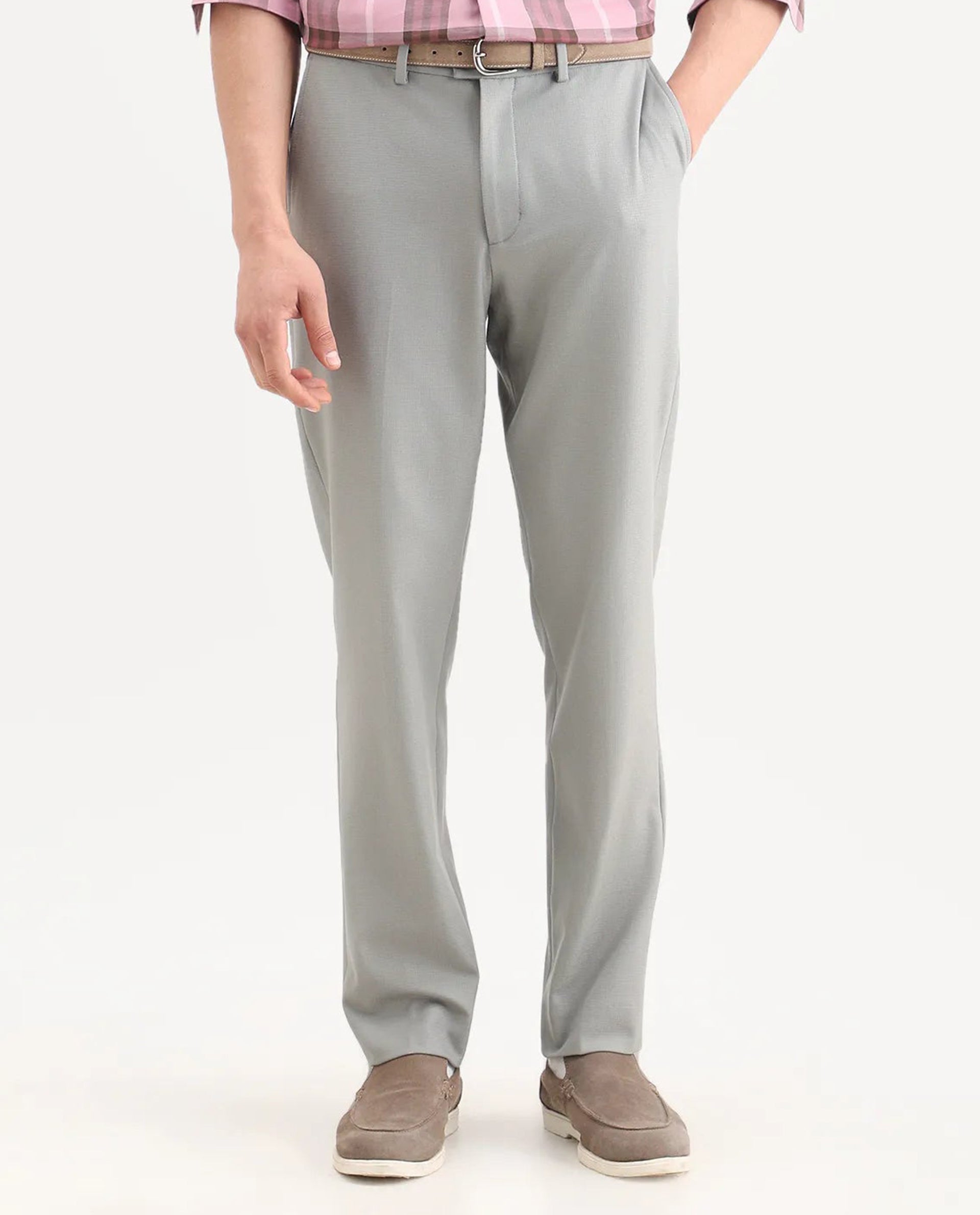 Rare Rabbit Men's Austi-Ss26 Grey Polyester Blend Fabric Regular Fit Plain Trouser | Rare Rabbit at Broadway