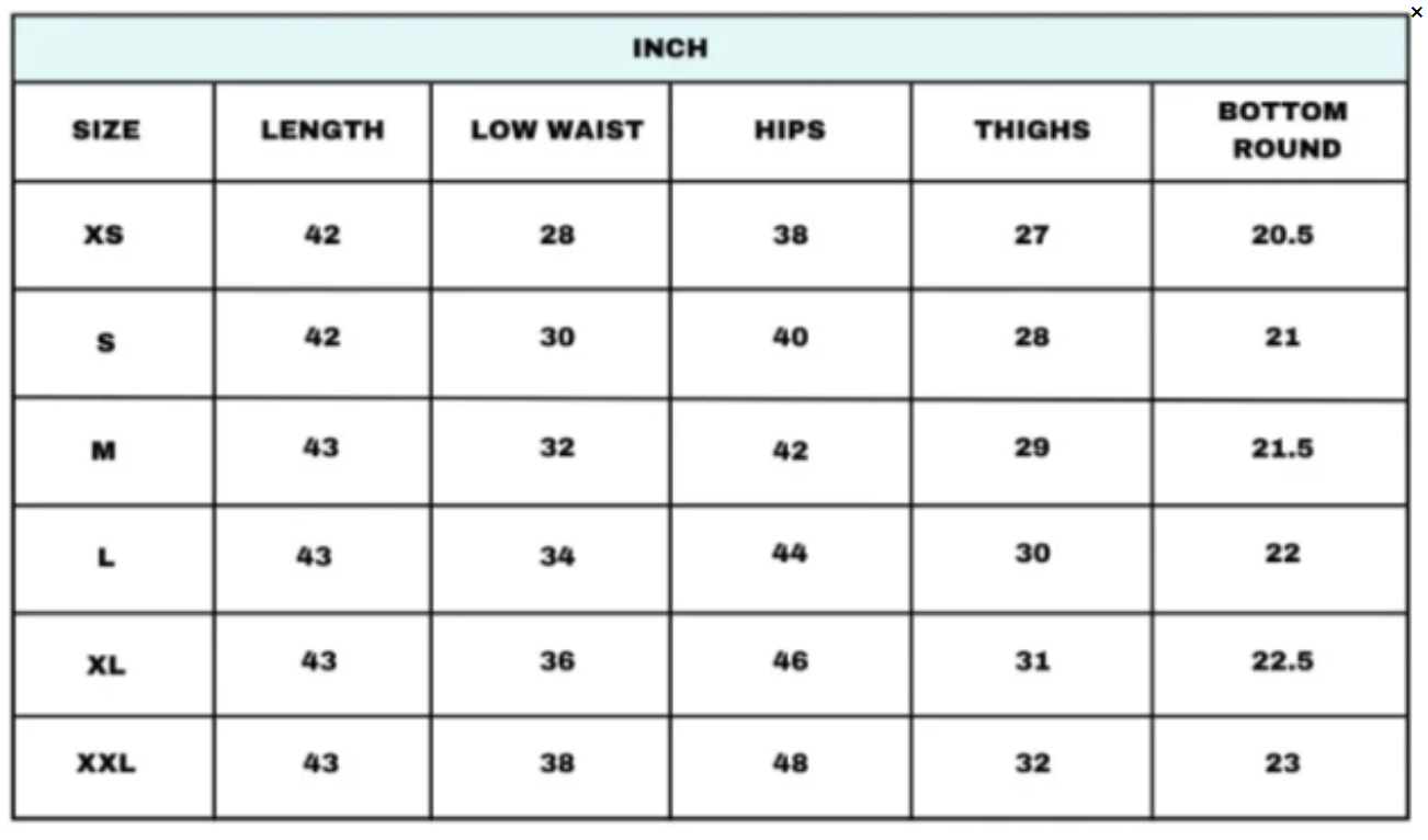 Size Chart for Light Blue Brussed Baggy